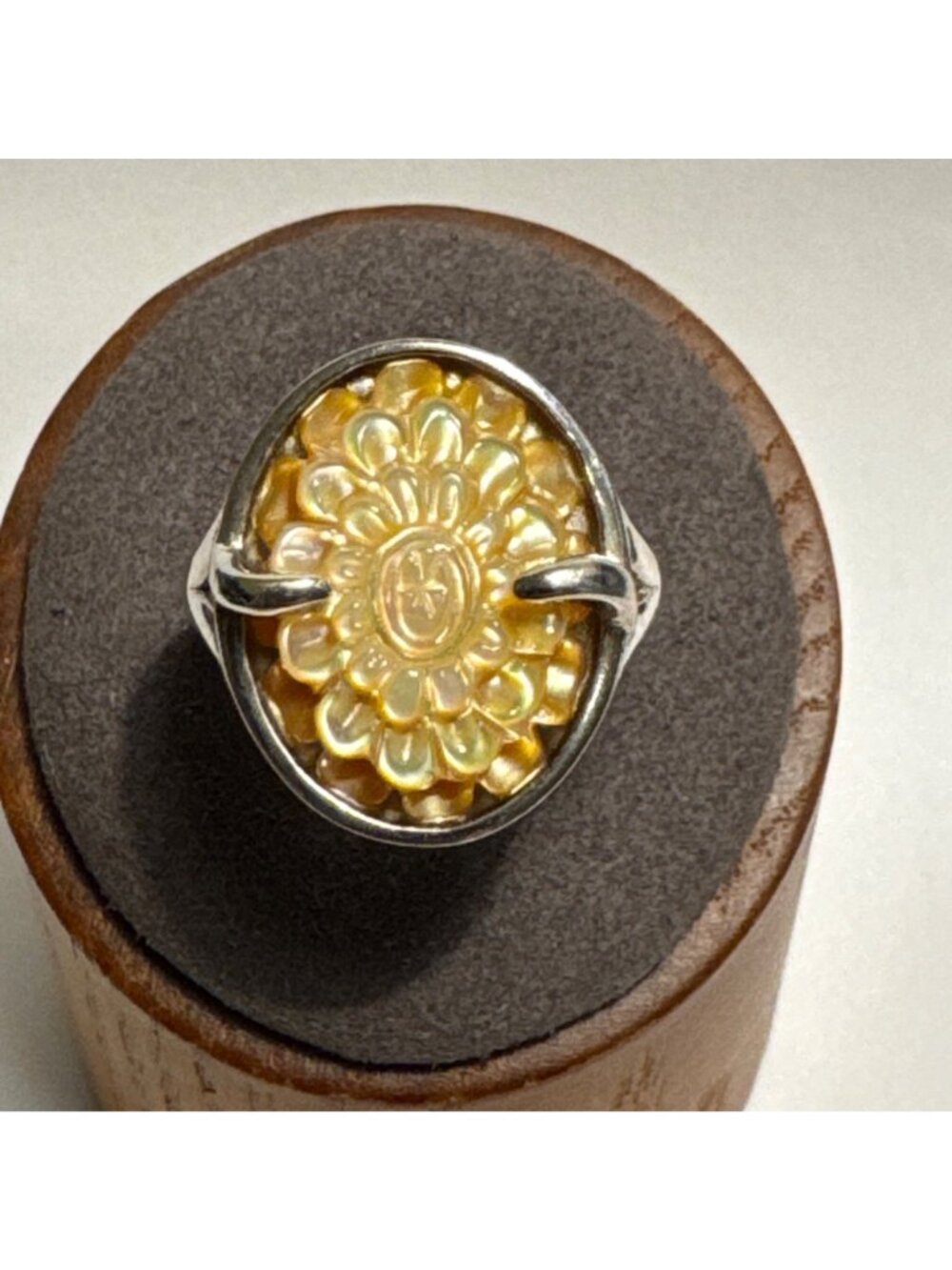 Sterling Silver 925 Carved Mother of Pearl Rhodium Flower Ring Size 7.75 - Picture 2 of 15